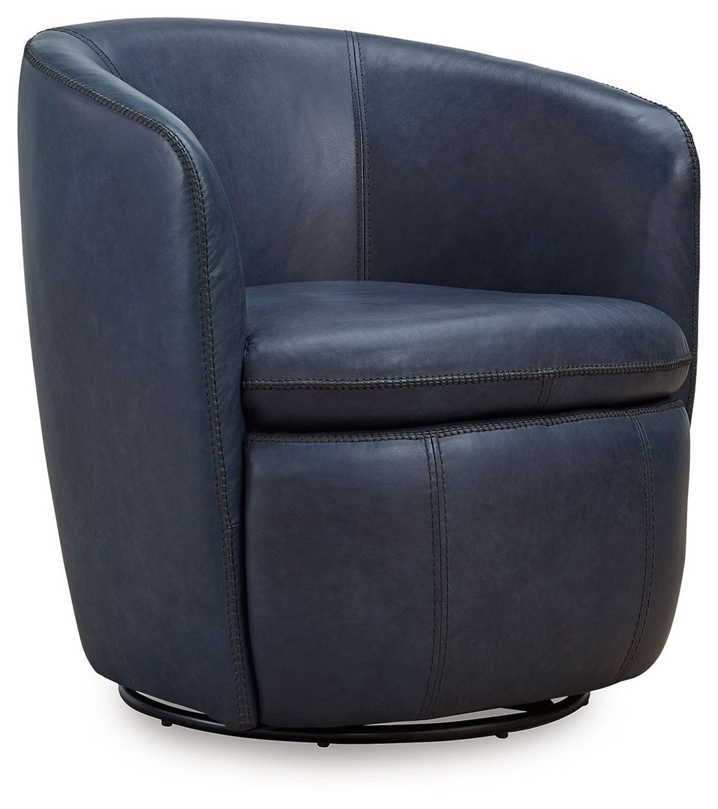 Light blue leather-look swivel chair with curved back, padded seat, and stitched seams.