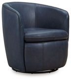 Light blue leather-look swivel chair with curved back, padded seat, and stitched seams.