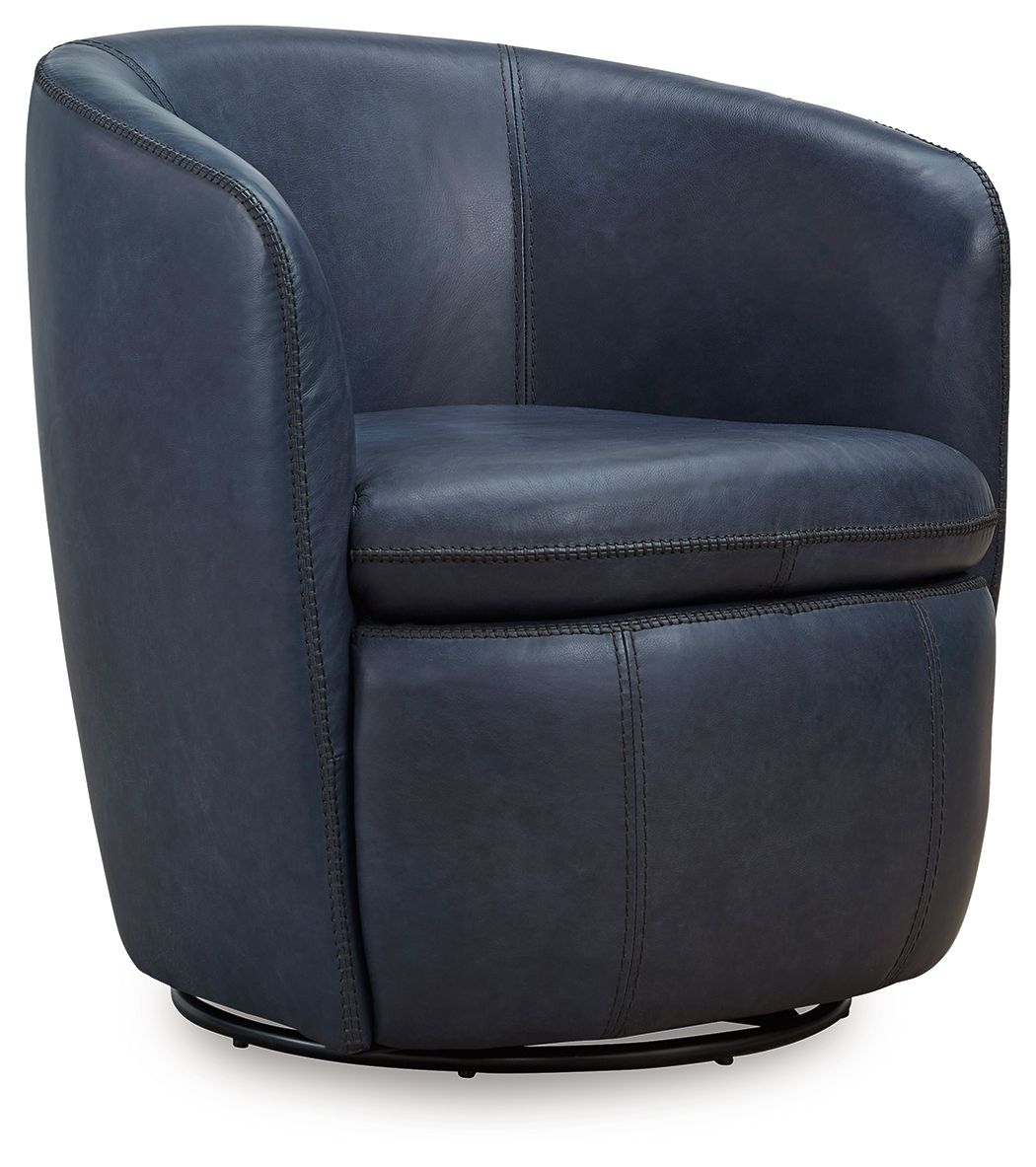 Light blue leather-look swivel chair with curved back, padded seat, and stitched seams.