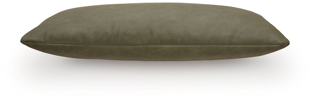 Olive green lumbar pillow with smooth fabric and piped edges