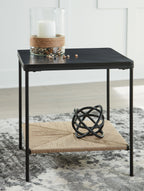 Black accent table with dark top and beige lower shelf, four straight legs