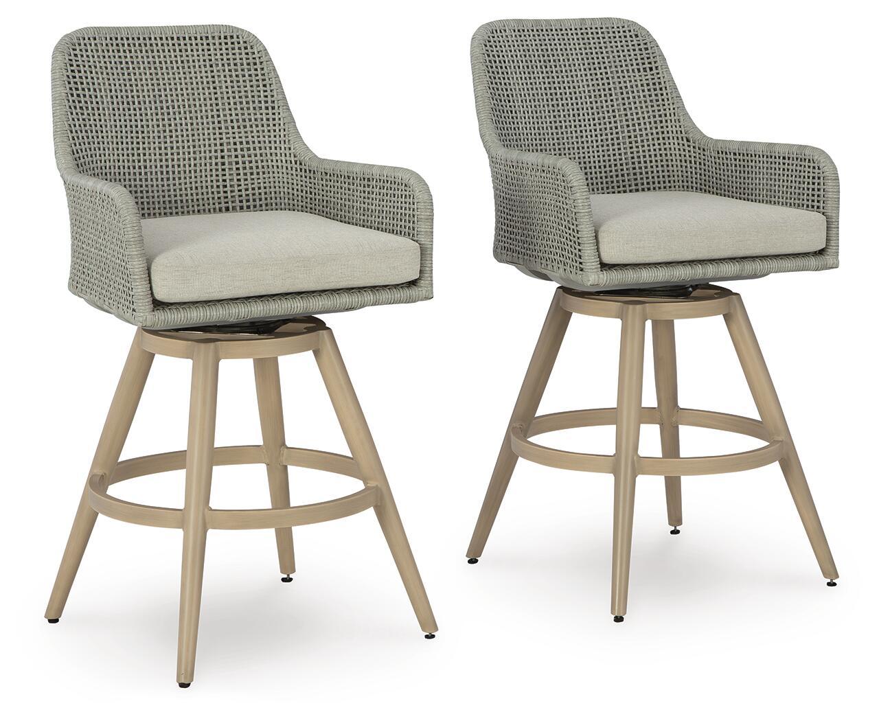 Set of 2 upholstered bar stools with gray fabric, beige cushions, and wood legs