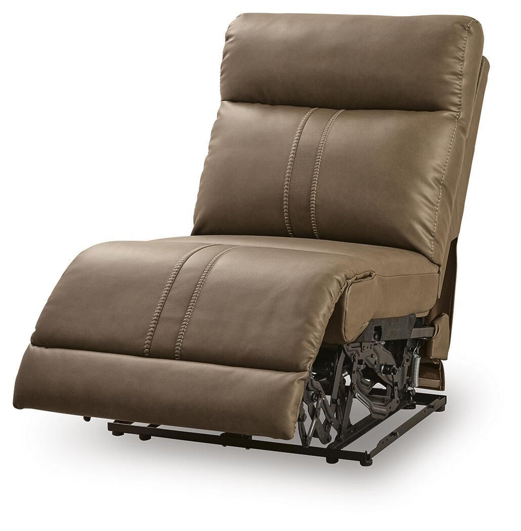 Biscotti power armless recliner with adjustable headrest, side view in brown fabric