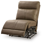 Biscotti power armless recliner with adjustable headrest, side view in brown fabric