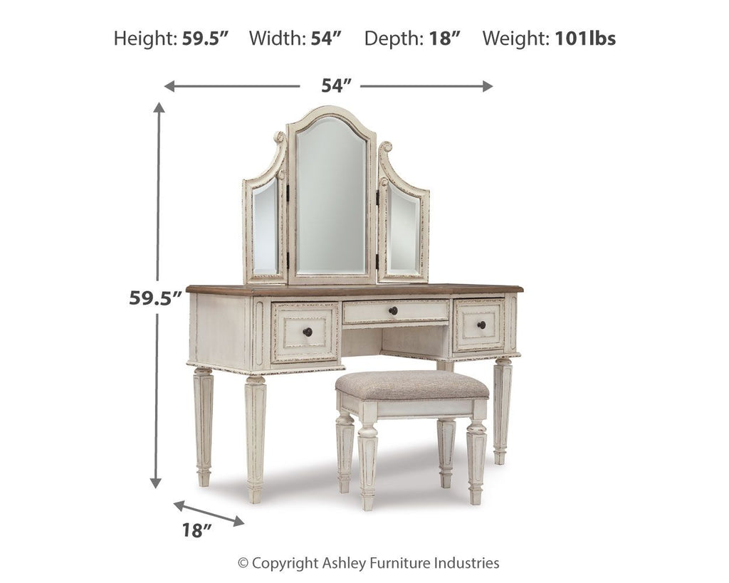 Vanity with arched mirror and beige stool, 59.5 in H x 54 in W x 18 in D