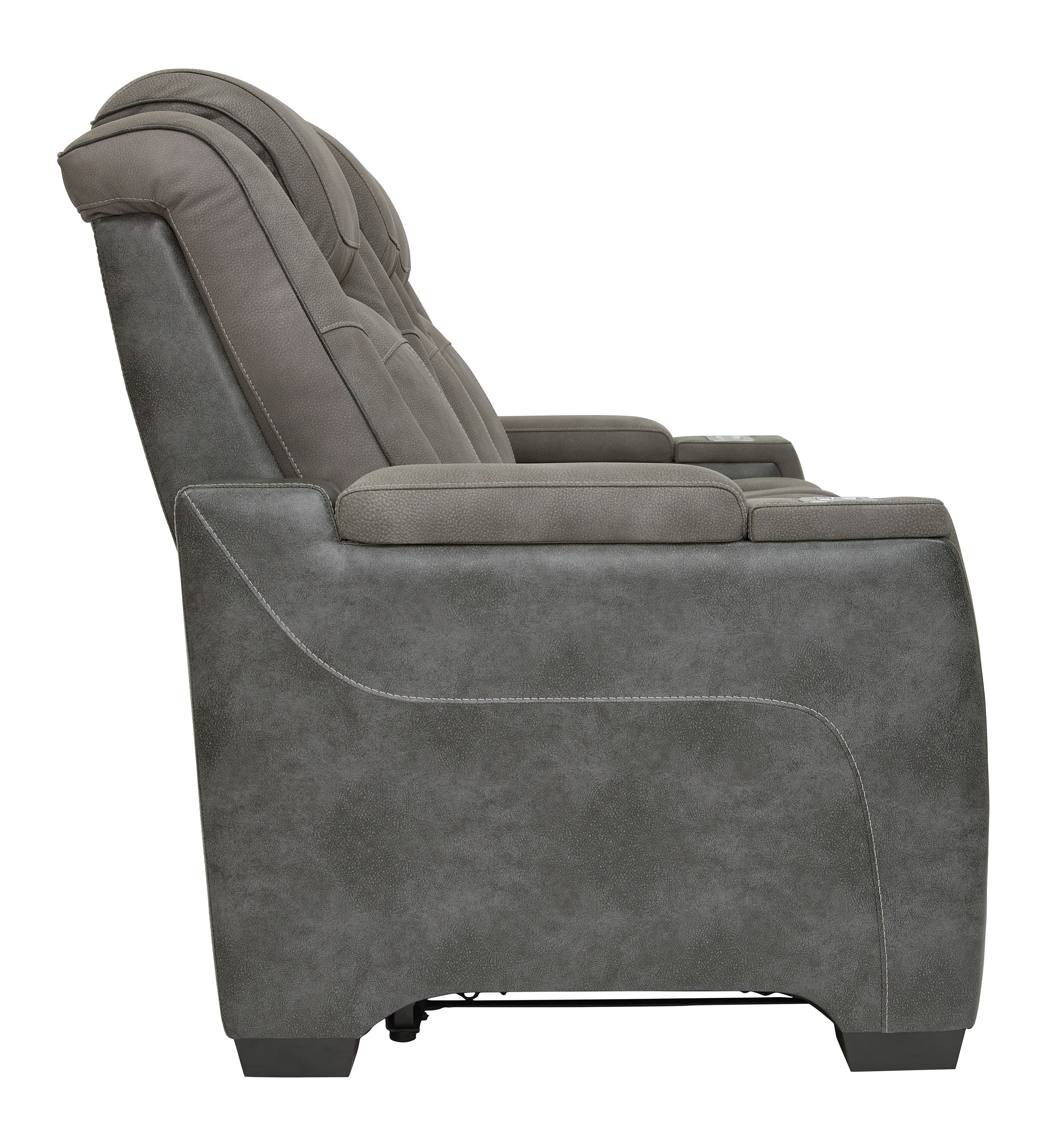 Slate power reclining sofa with thick armrests and footrest mechanism at the base.