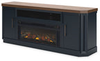 Two-tone TV stand with electric fireplace, light wood top, glass flame window, side cabinet doors