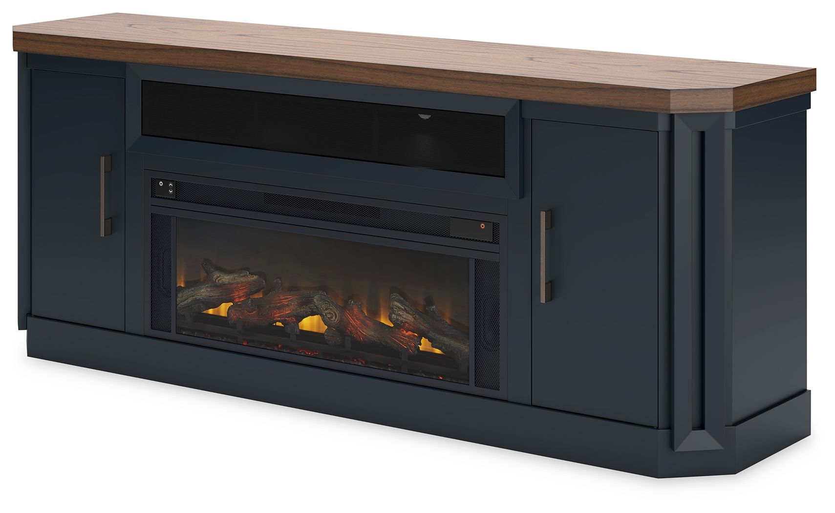 Two-tone TV stand with electric fireplace, light wood top, glass flame window, side cabinet doors