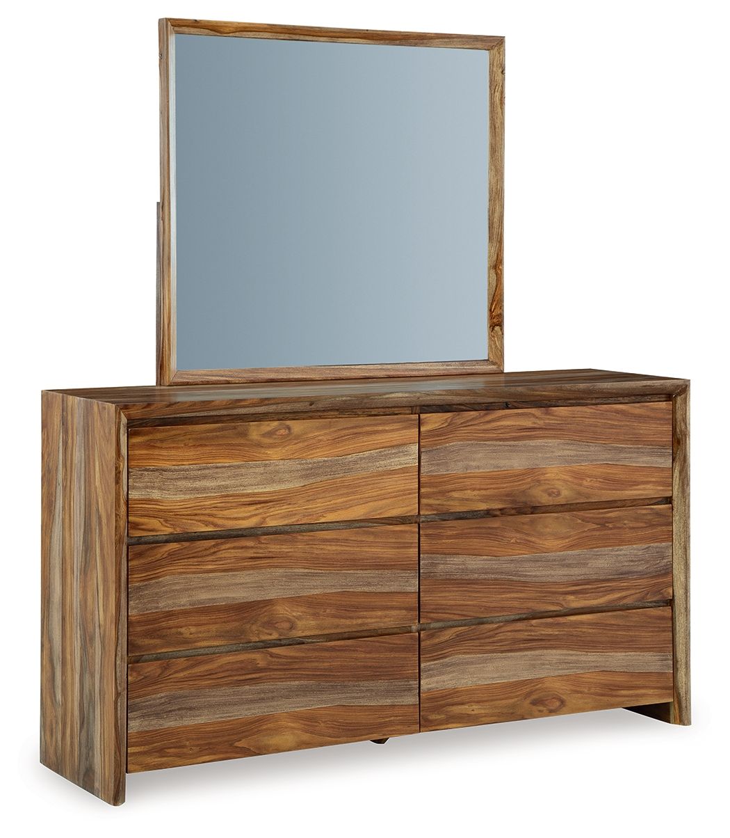 Brown wood dresser with square mirror and multiple drawer fronts
