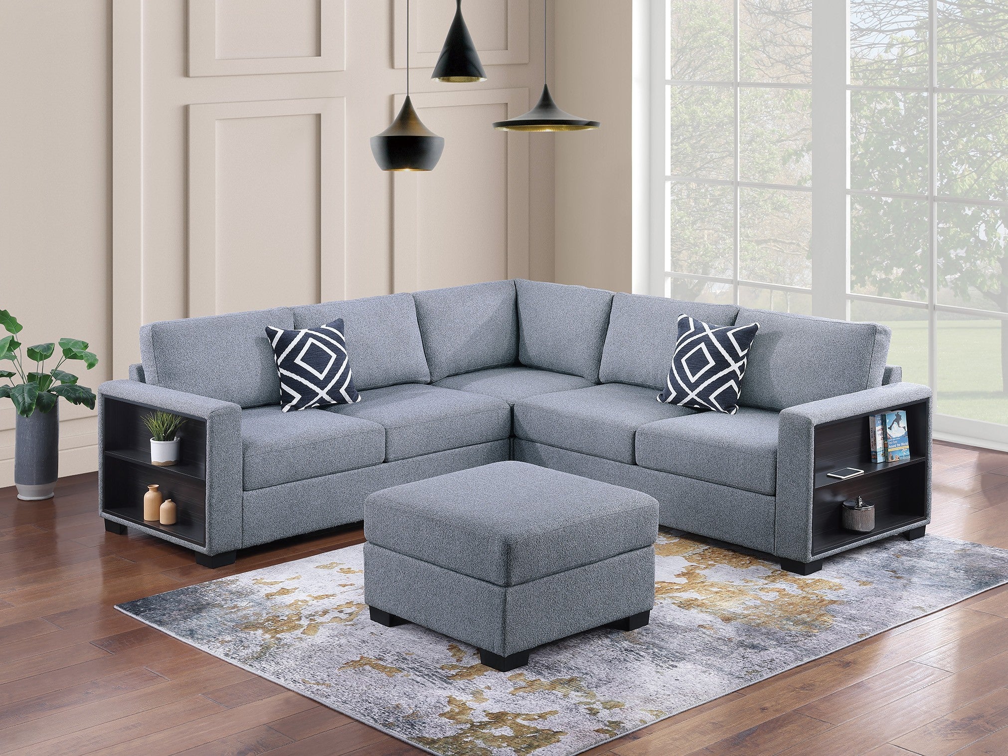 Functional Gray Boucle Sectional Sofa w/ Built-in Shelves