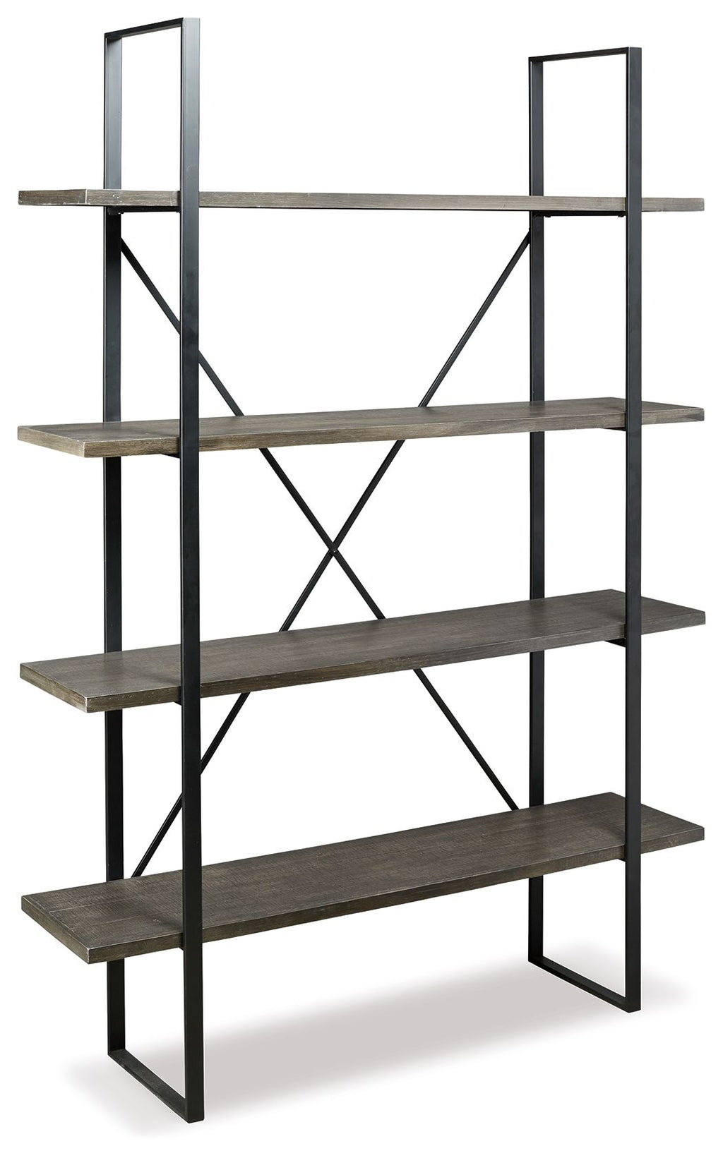 Black and gray bookcase with four open shelves and diagonal metal braces across back