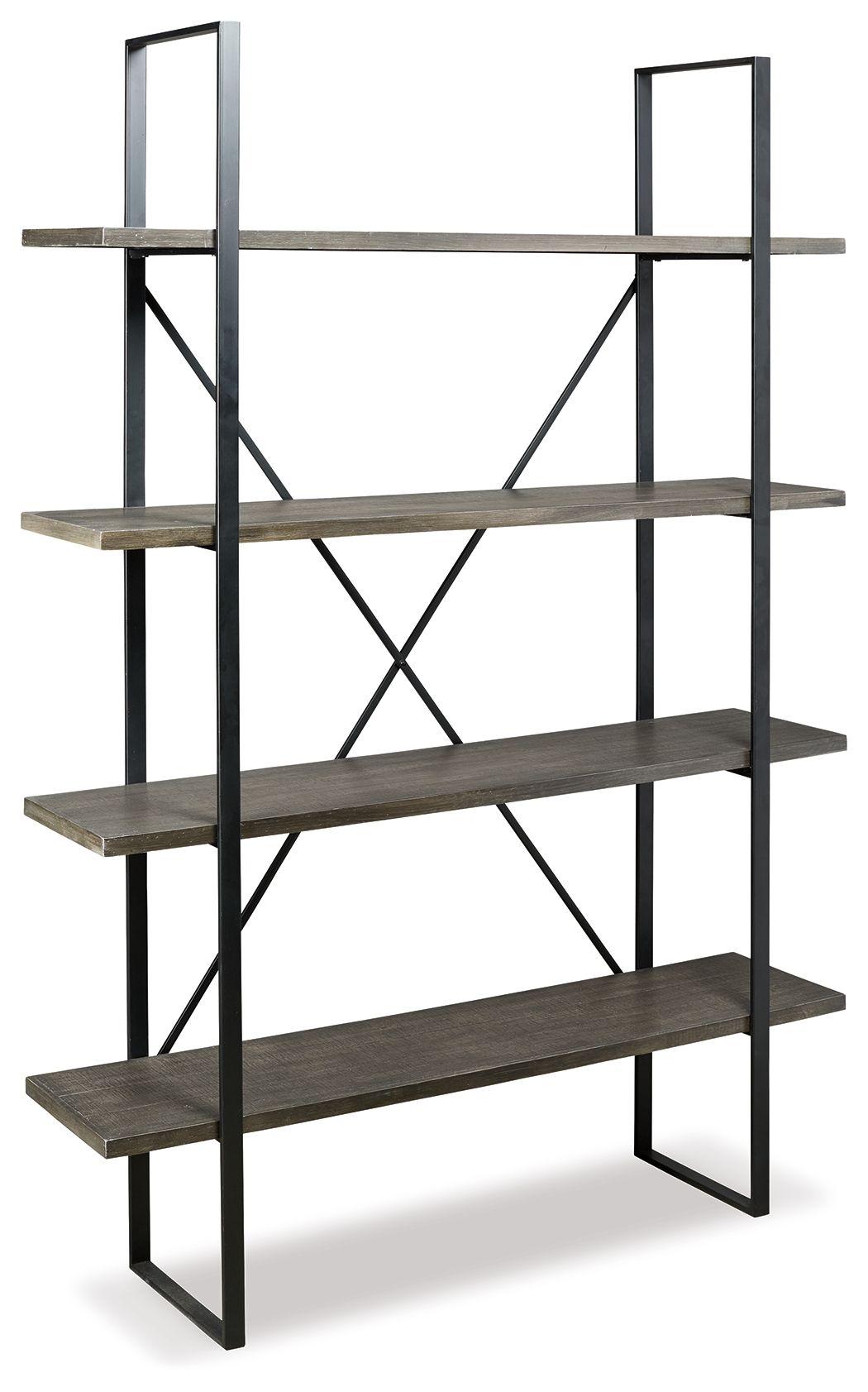 Black and gray bookcase with four open shelves and diagonal metal braces across back