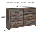Rustic wood dresser with 6 drawers and black bar handles in weathered gray-brown finish