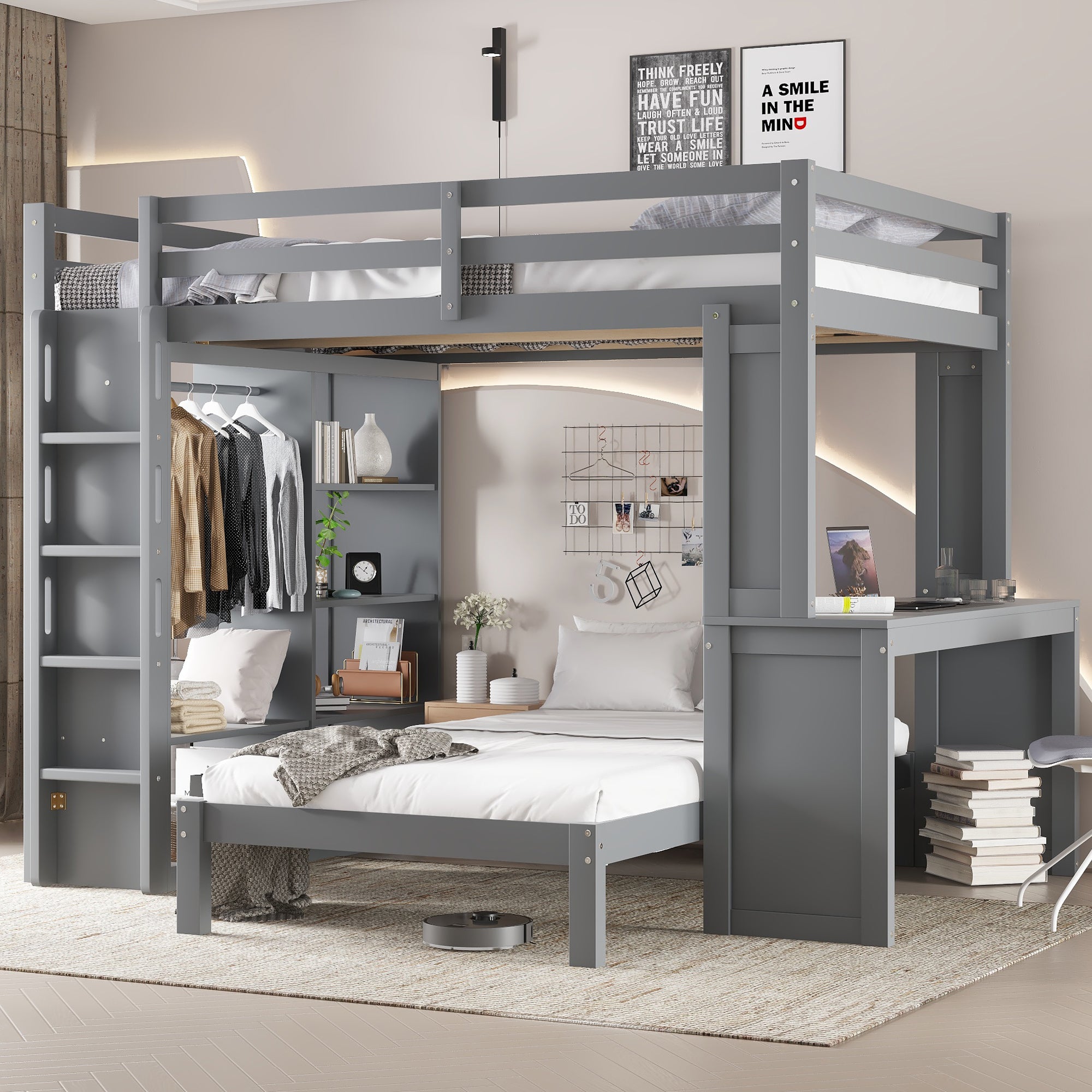 Grey Queen/Twin Bunk Bed | Desk, Wardrobe, Shelves, Loft, Solid Wood