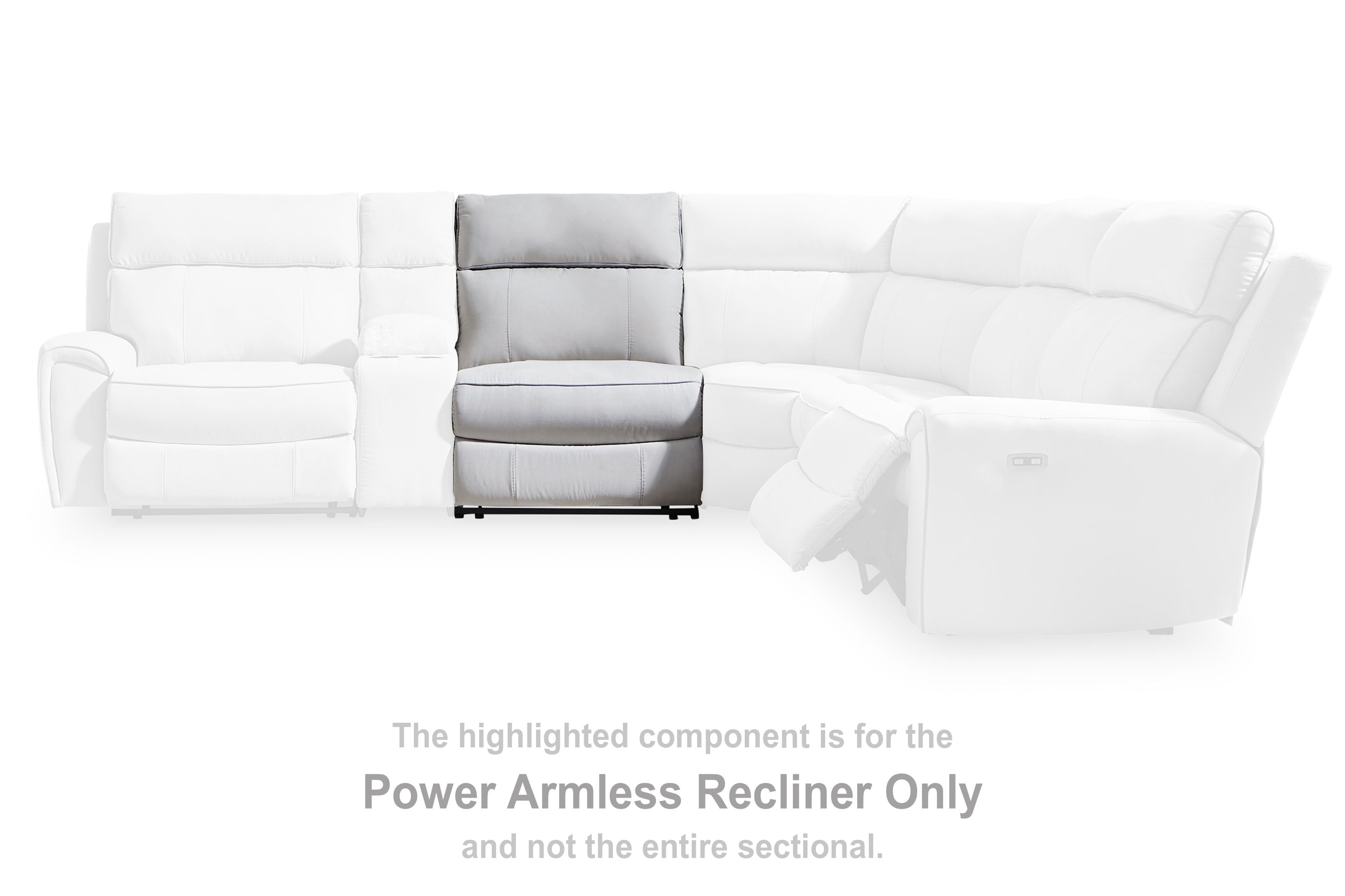 Power armless recliner highlighted in a sectional layout with light gray upholstery