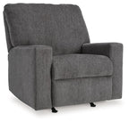 Pewter fabric rocker recliner chair with tall back, padded arms, and cushioned seat
