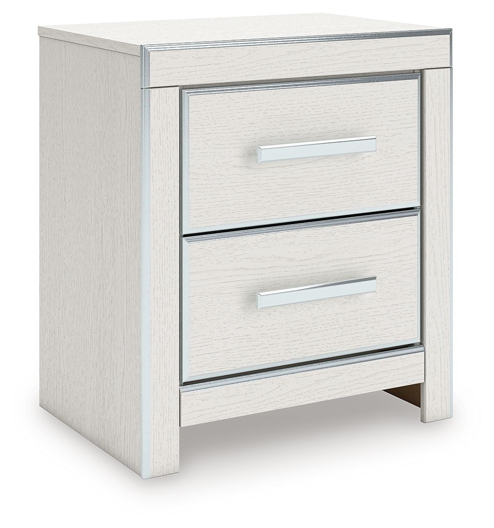White two-drawer night stand with two silver bar handles, side profile view