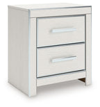 White two-drawer night stand with two silver bar handles, side profile view