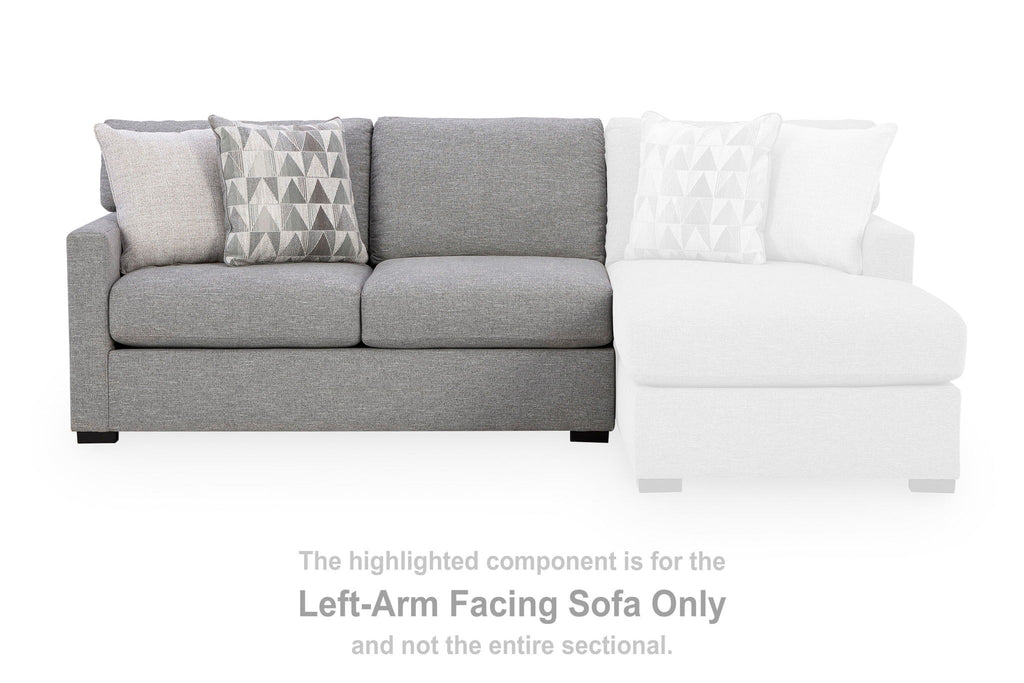 Pewter gray left-arm facing sofa with two cushions and separate white chaise extension