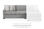 Pewter gray left-arm facing sofa with two cushions and separate white chaise extension