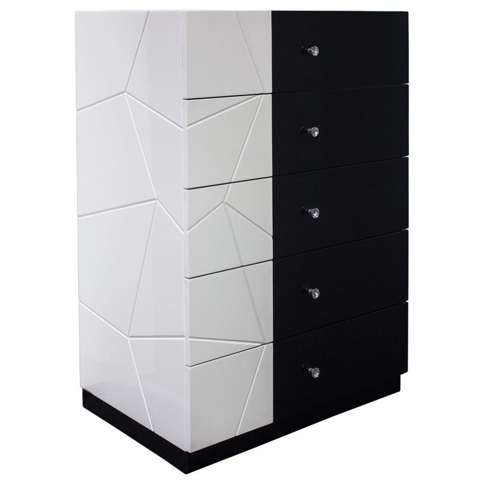 Modern Black/White 5-Drawer Chest | Geometric Crystal Knob