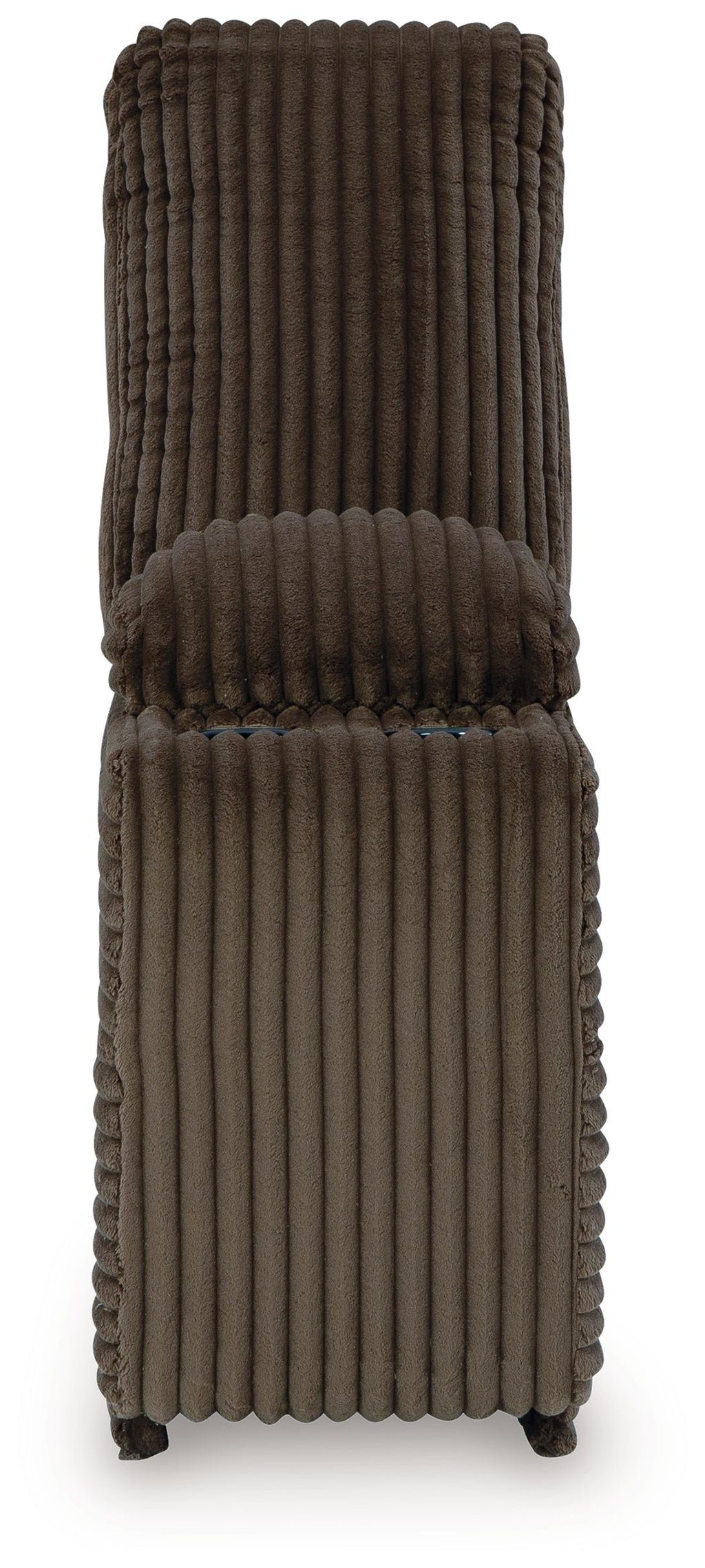 Chocolate-brown ribbed console with storage, padded backrest, thick hinged seat