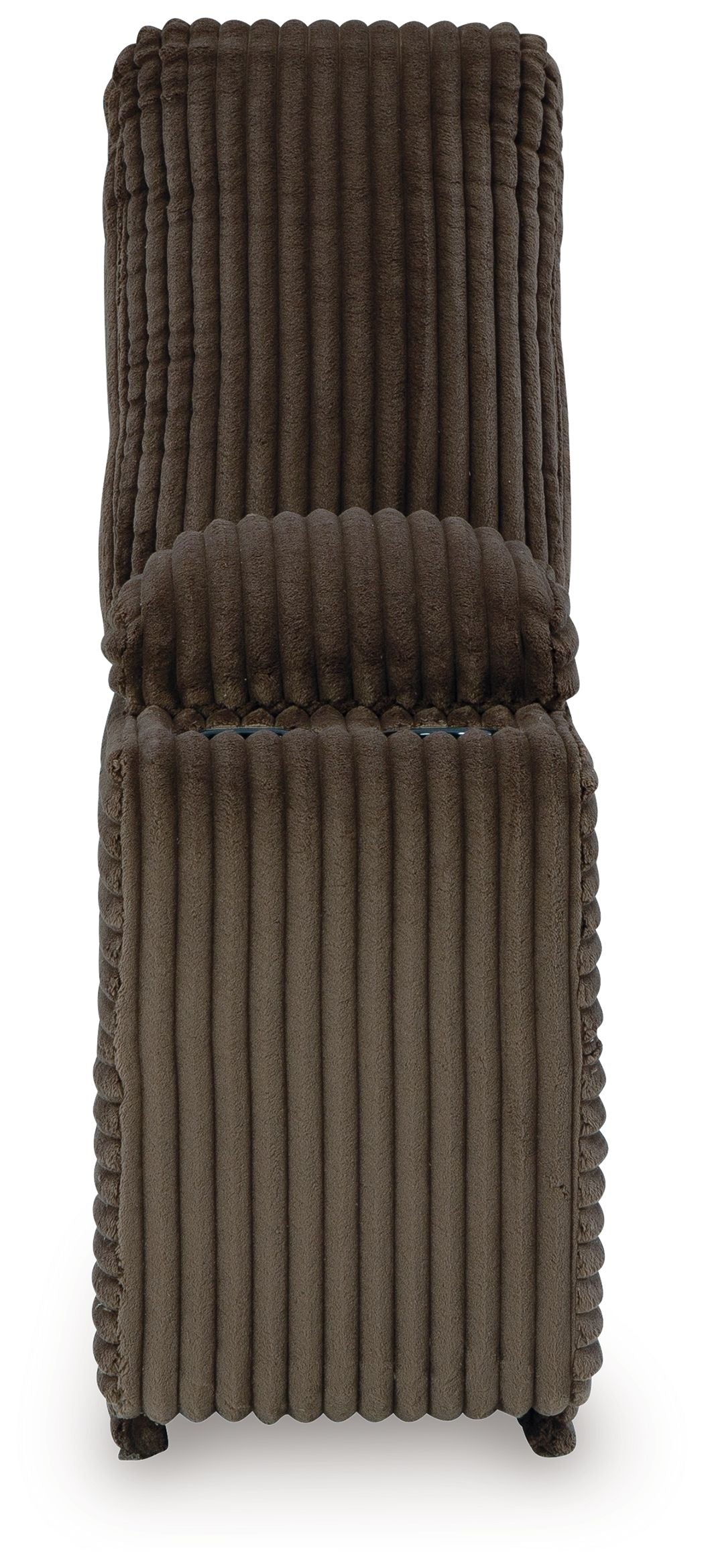 Chocolate-brown ribbed console with storage, padded backrest, thick hinged seat