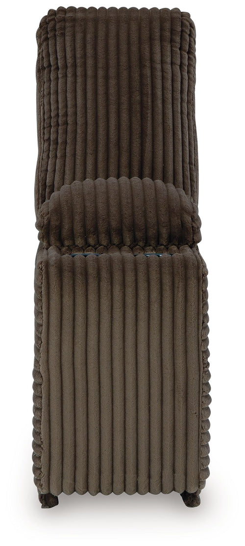 Chocolate-brown ribbed console with storage, padded backrest, thick hinged seat