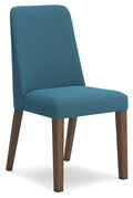Blue upholstered dining side chair with brown wooden legs and curved backrest.