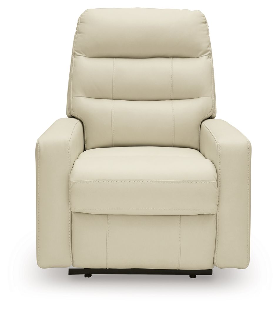 Power recliner with adjustable headrest in off-white, smooth seat and padded side panels