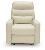 Power recliner with adjustable headrest in off-white, smooth seat and padded side panels