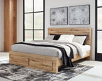 Storage bed with light wood frame, low profile drawers at front, slatted mattress base