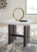 Burkhaus rectangular end table with white marble-look top, open shelf, dark brown wood legs