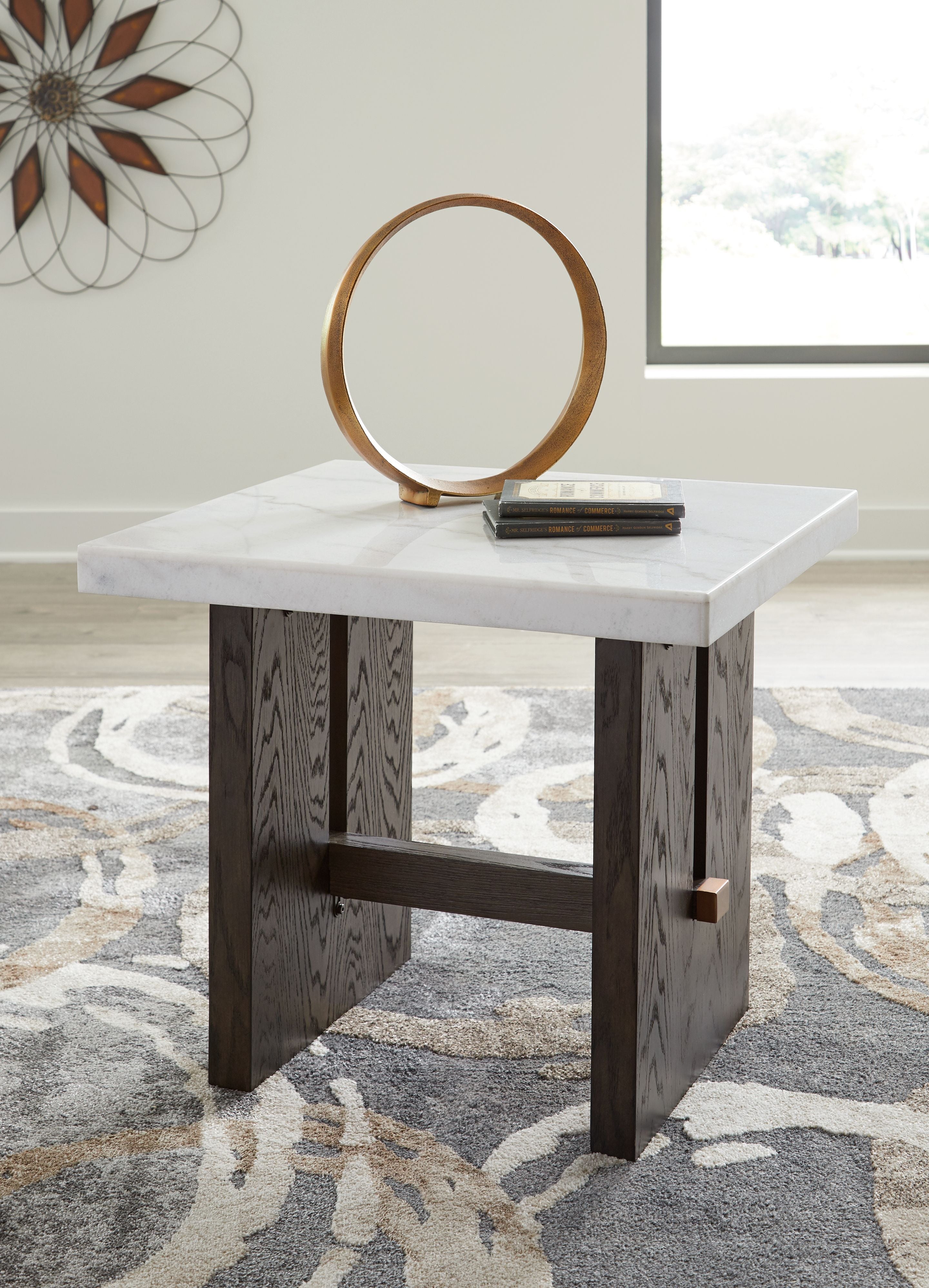 Burkhaus rectangular end table with white marble-look top, open shelf, dark brown wood legs