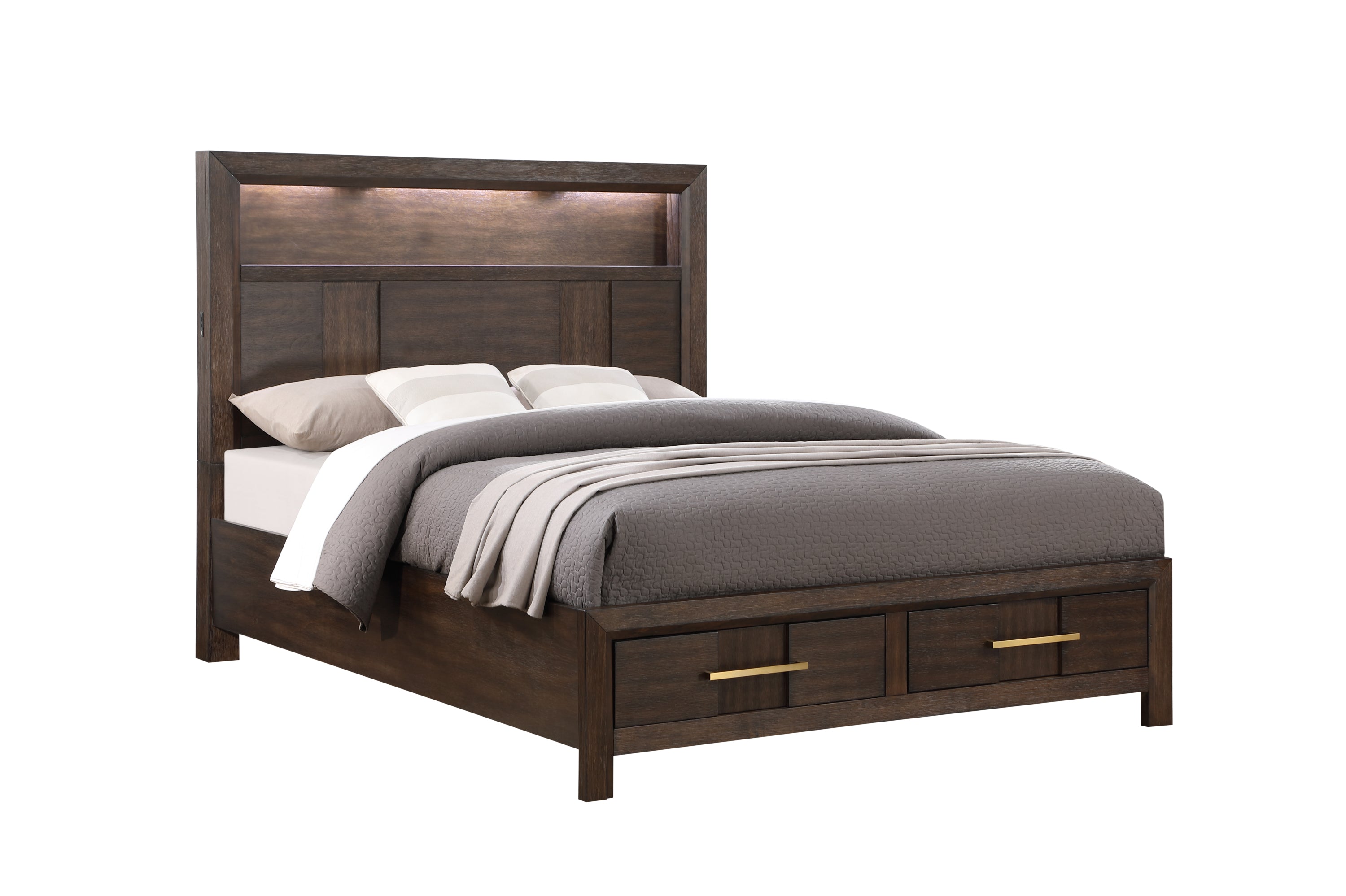 Kenzo Modern Style King Bed, Wood, LED Headboard, Bookshelf, Walnut