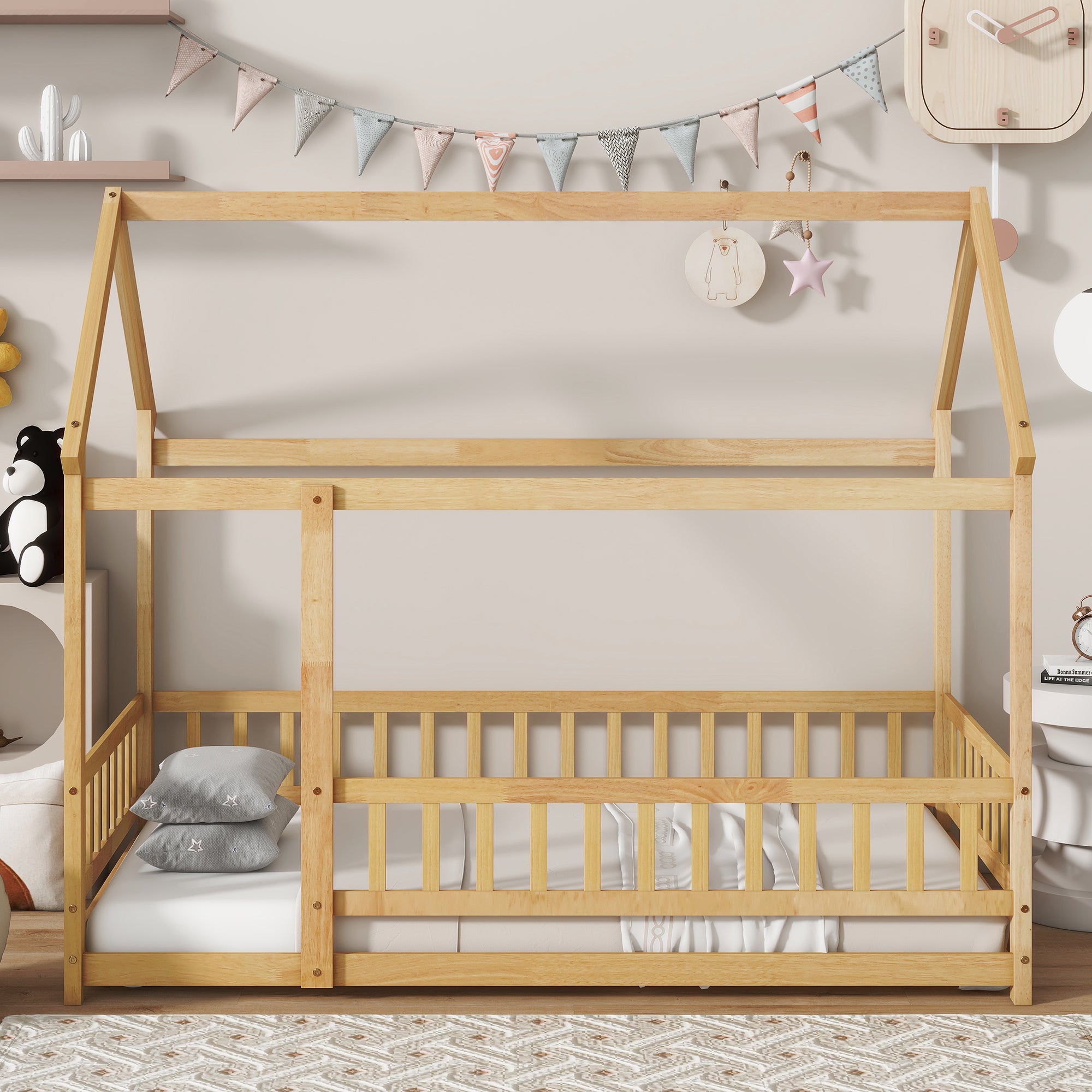 Twin Wood House Bed w/Roof & Guardrails