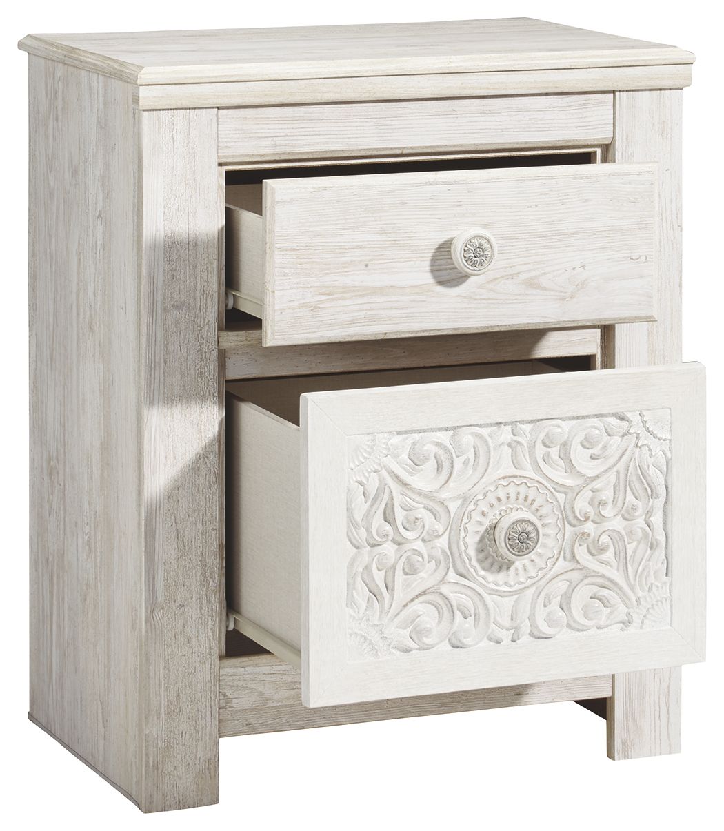 Whitewashed two-drawer night stand with top drawer pulled open to reveal storage