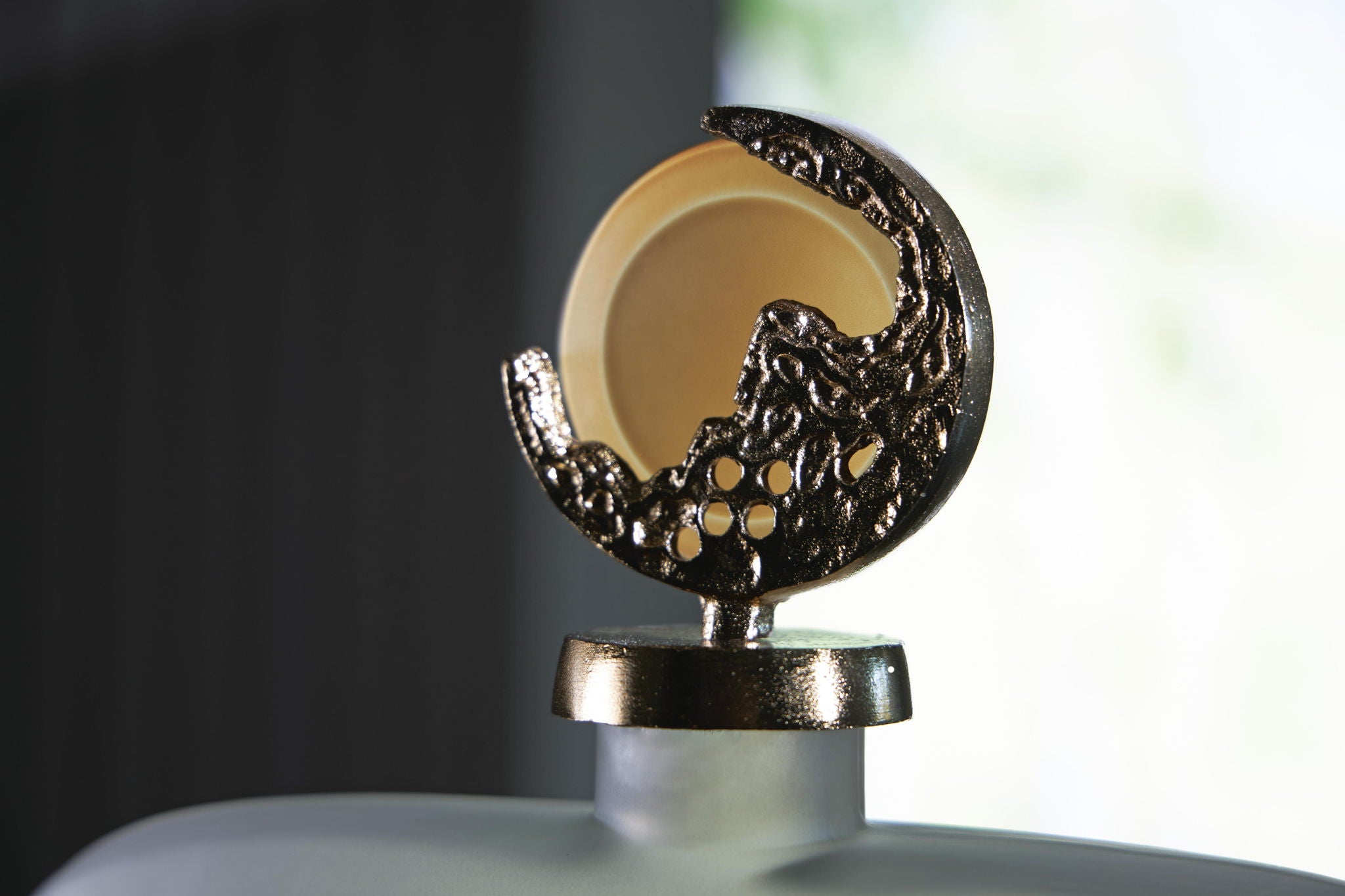 Decorative jar lid hinge and ornamental gold-tone medallion close-up