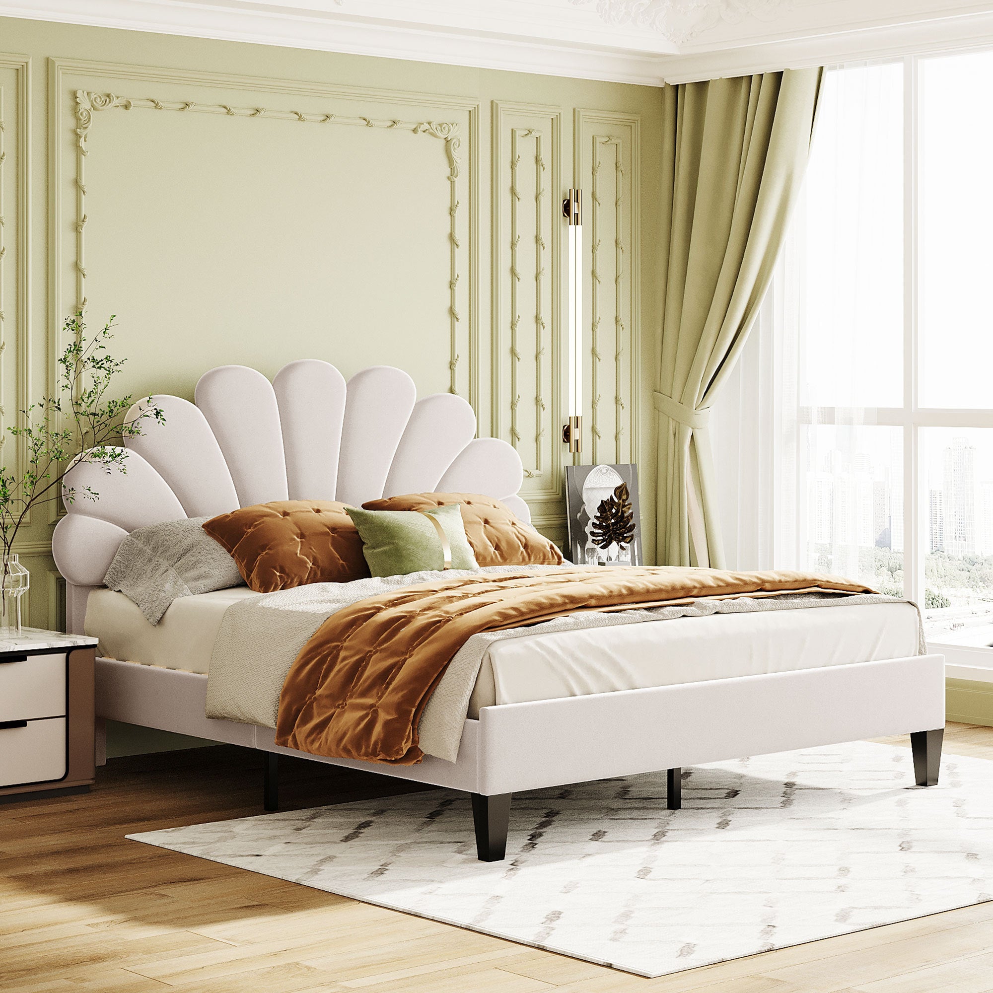 Queen Upholstered Platform Bed with Flower Velvet Headboard - Beige