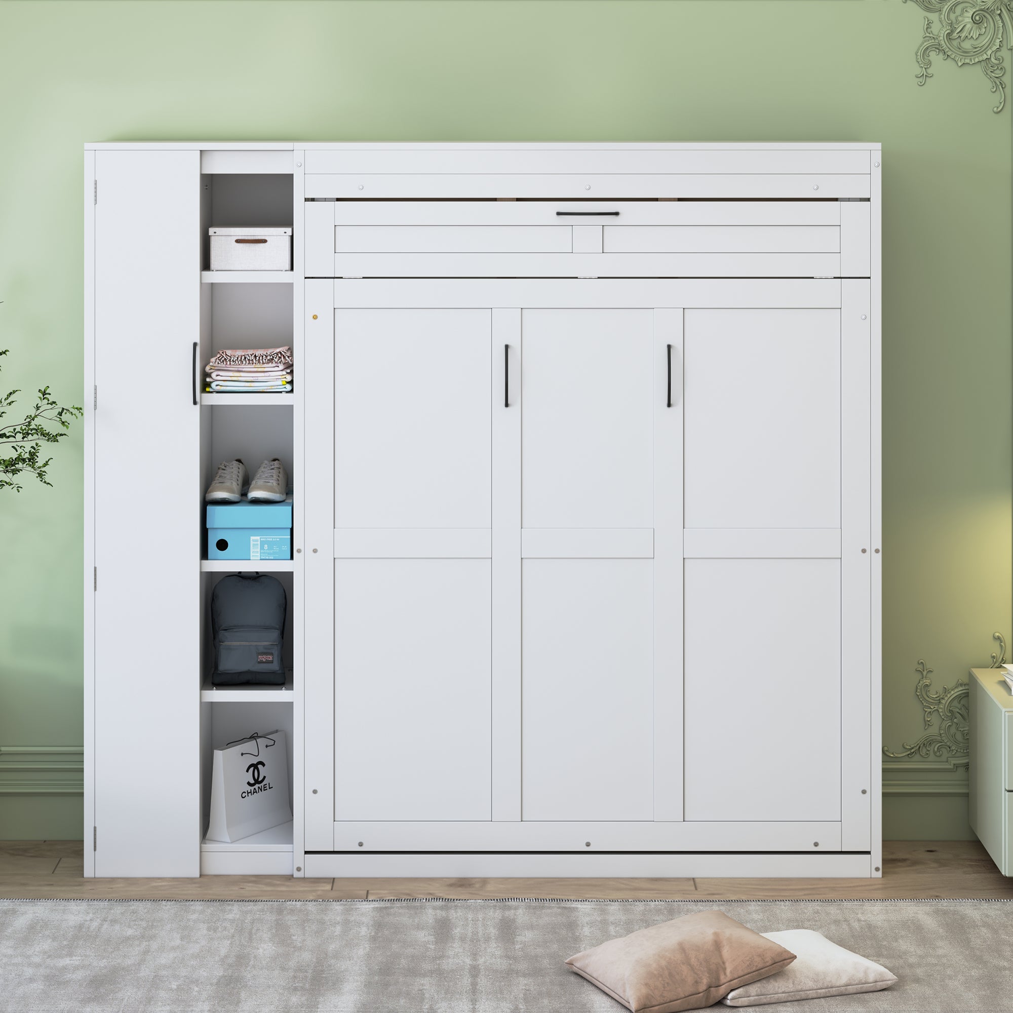 Full Size Murphy Wall Bed with Shelves, Wardrobe & LED Lights, White