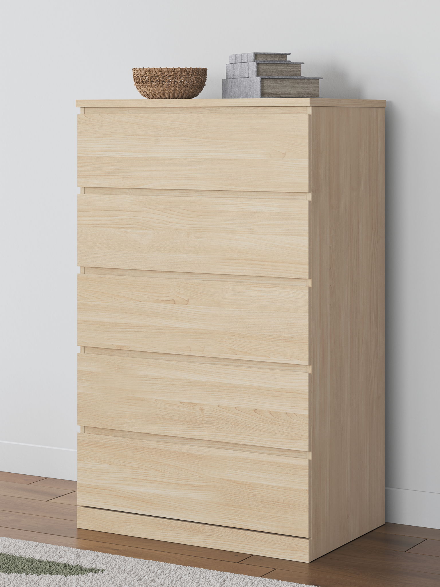 Light brown five-drawer chest with smooth drawer fronts and wide top panel