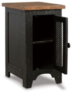 Chair side end table with open door showing dark interior and wire mesh panel