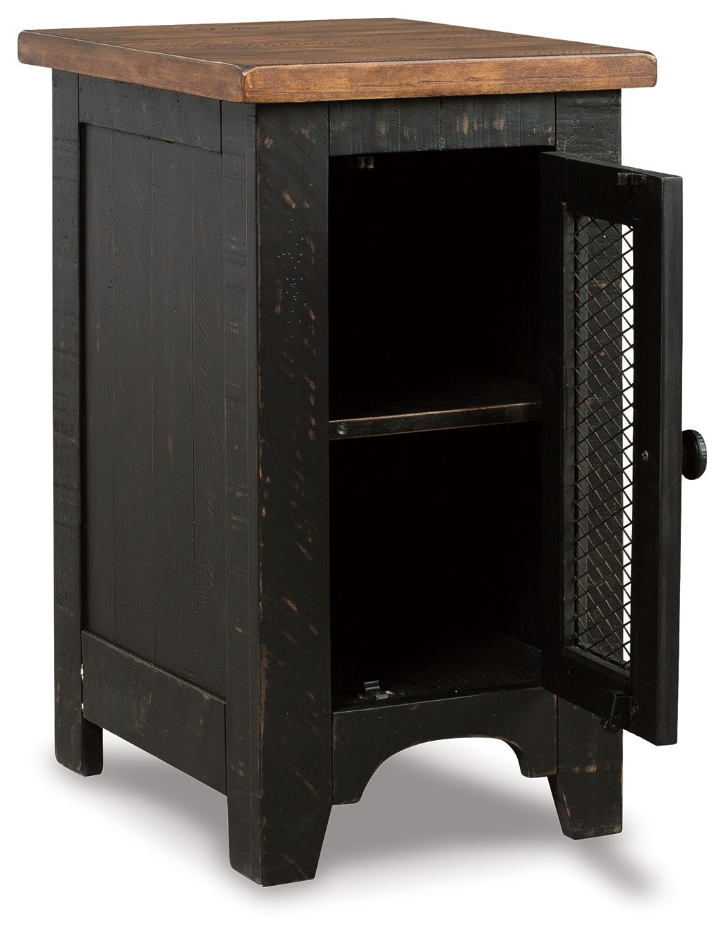 Chair side end table with open door showing dark interior and wire mesh panel
