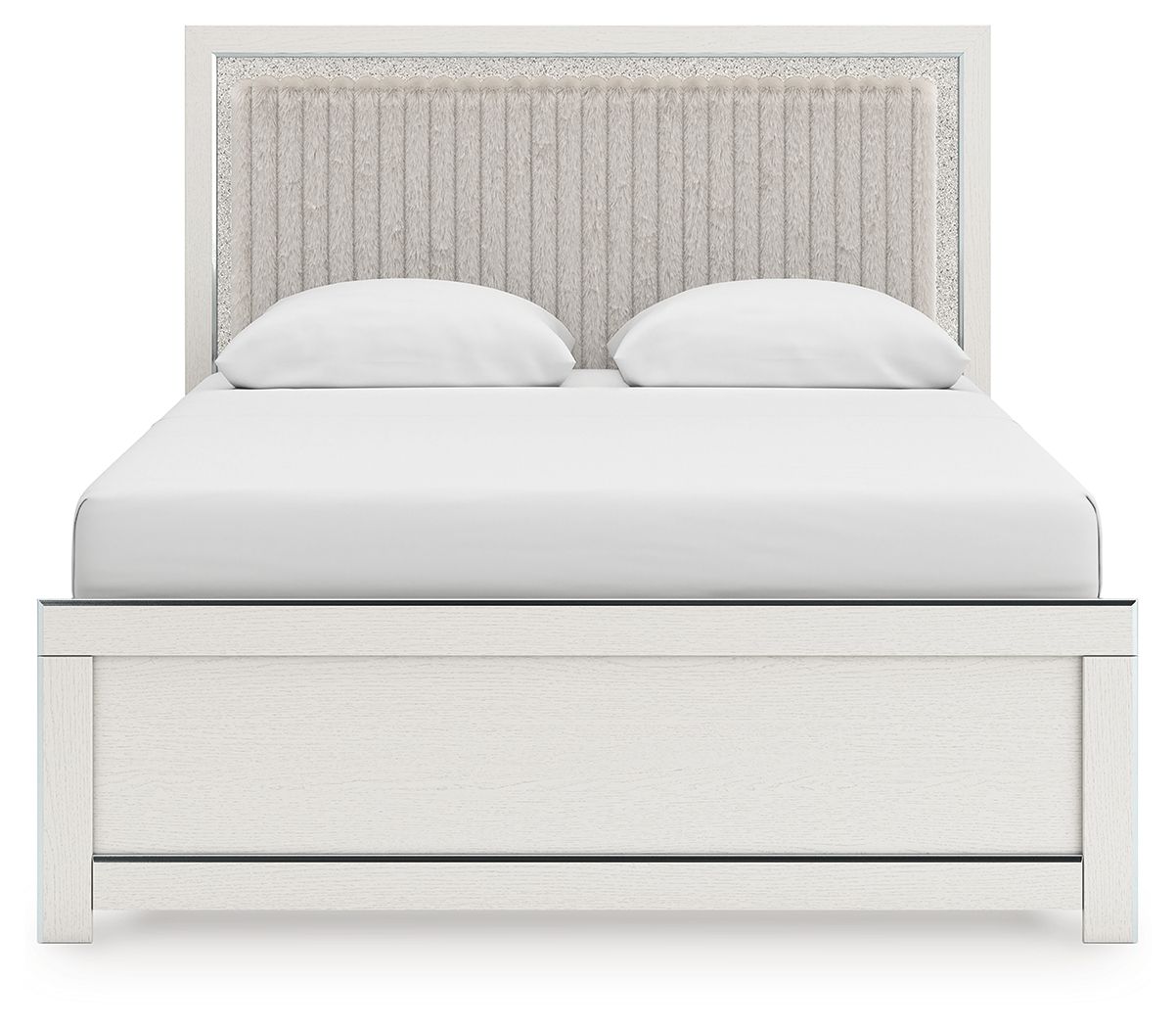 White upholstered panel bed with channel-tufted headboard, two white pillows, and paneled base