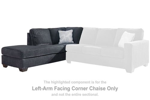 Dark slate left-facing corner chaise with deep seat and two back pillows