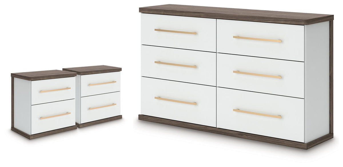 Kendanport 3-piece dresser and nightstand set, brown top with white drawers