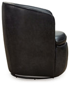 Dark brown leather-look swivel chair side view with curved back and padded seat.