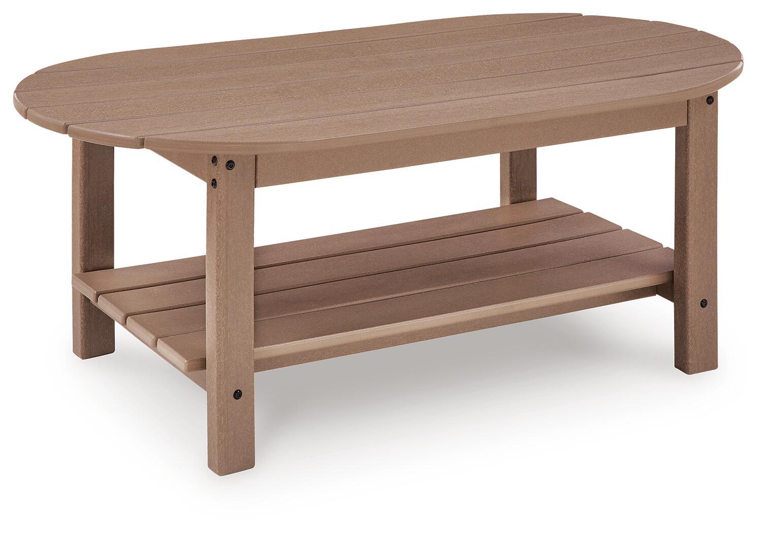 Light brown oval outdoor table with lower shelf and sturdy wooden legs