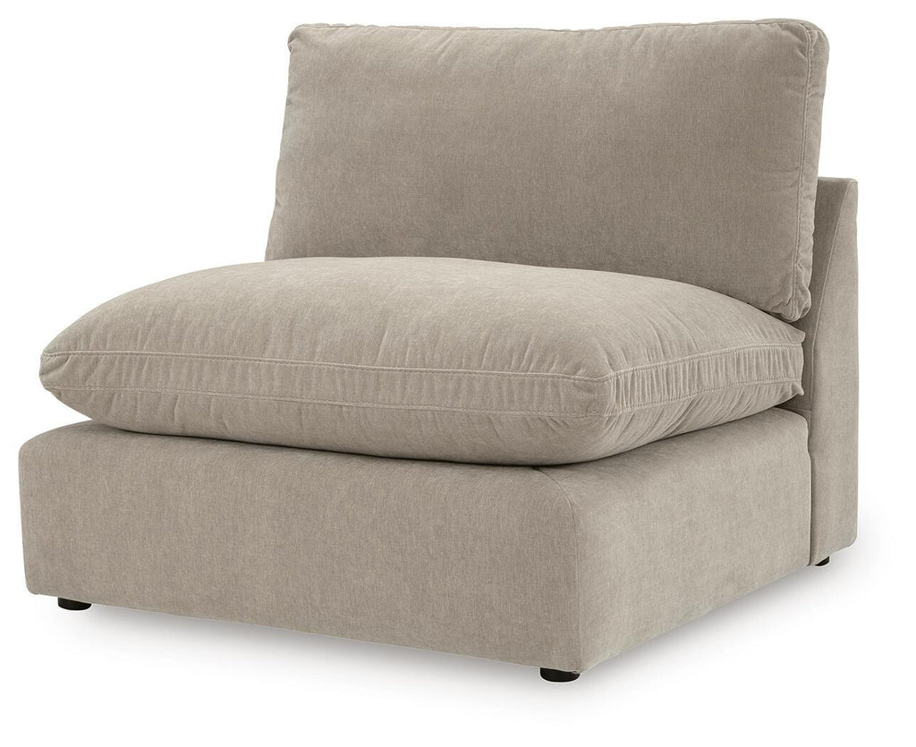 Pebble armless chair with square arm-free sides, tall back and rounded seat cushion