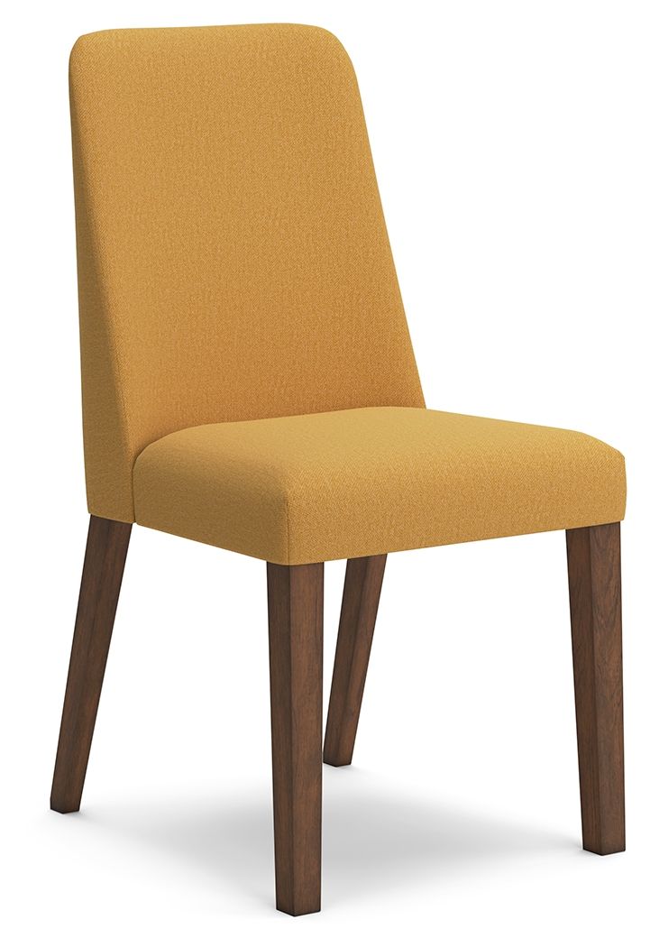 Yellow dining side chair with upholstered seat and back, angled dark wood legs.